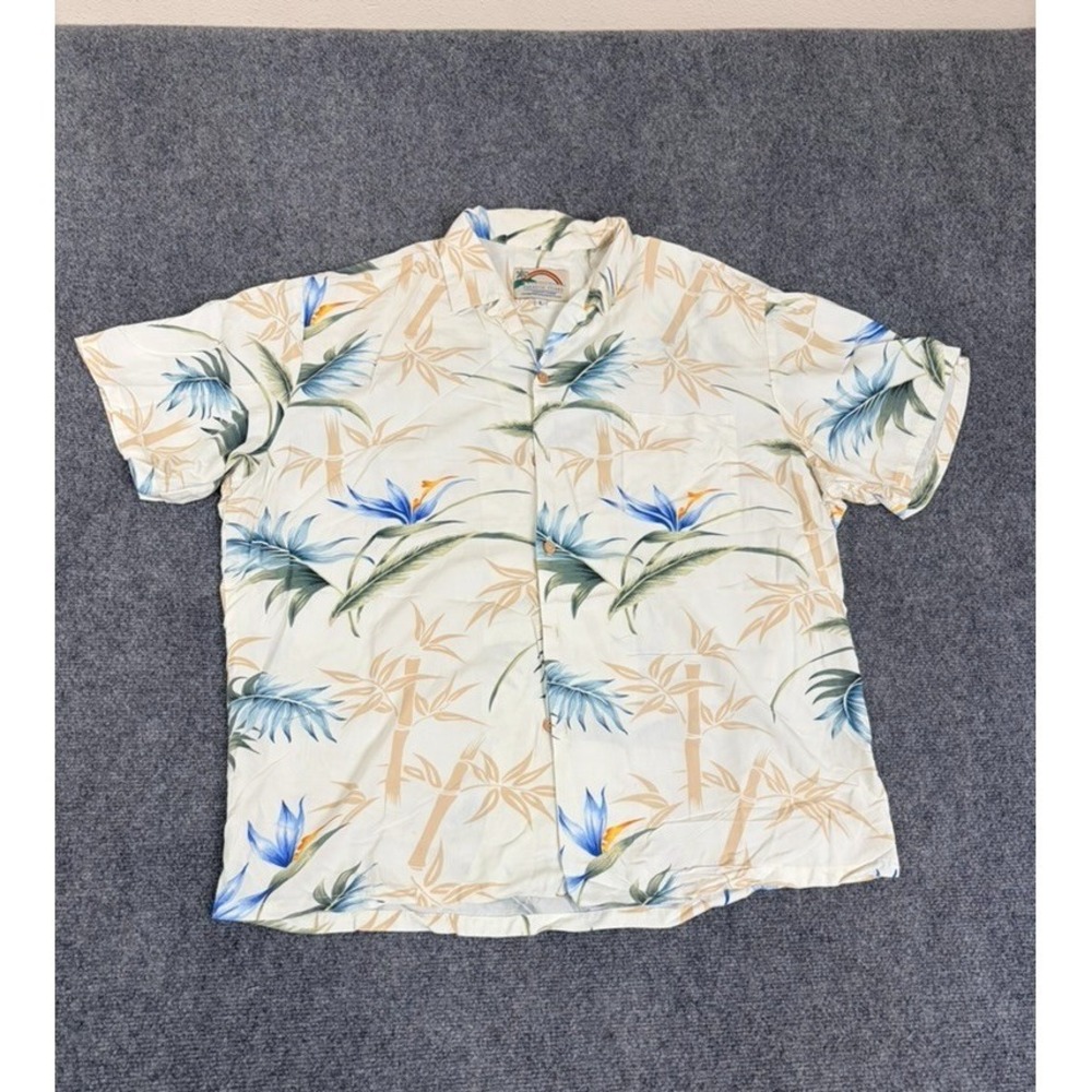Paradise Found Men's Hawaiian Shirt  Ivory Bamboo Pardise Made in Hawaii Size L‎